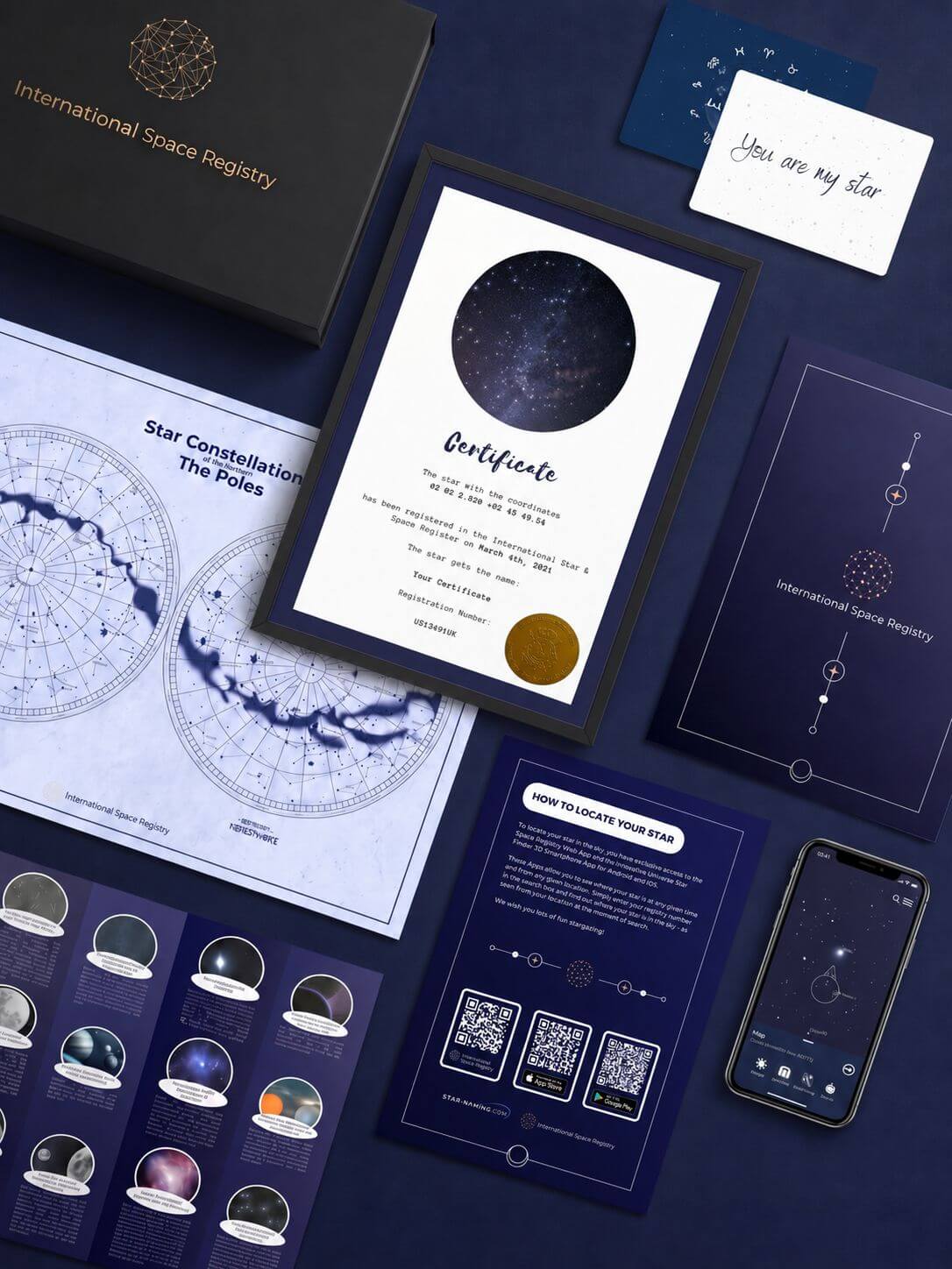 Buy a Star gift set Flat-Lay: Box, certificate, star map and Universe Star Finder App
